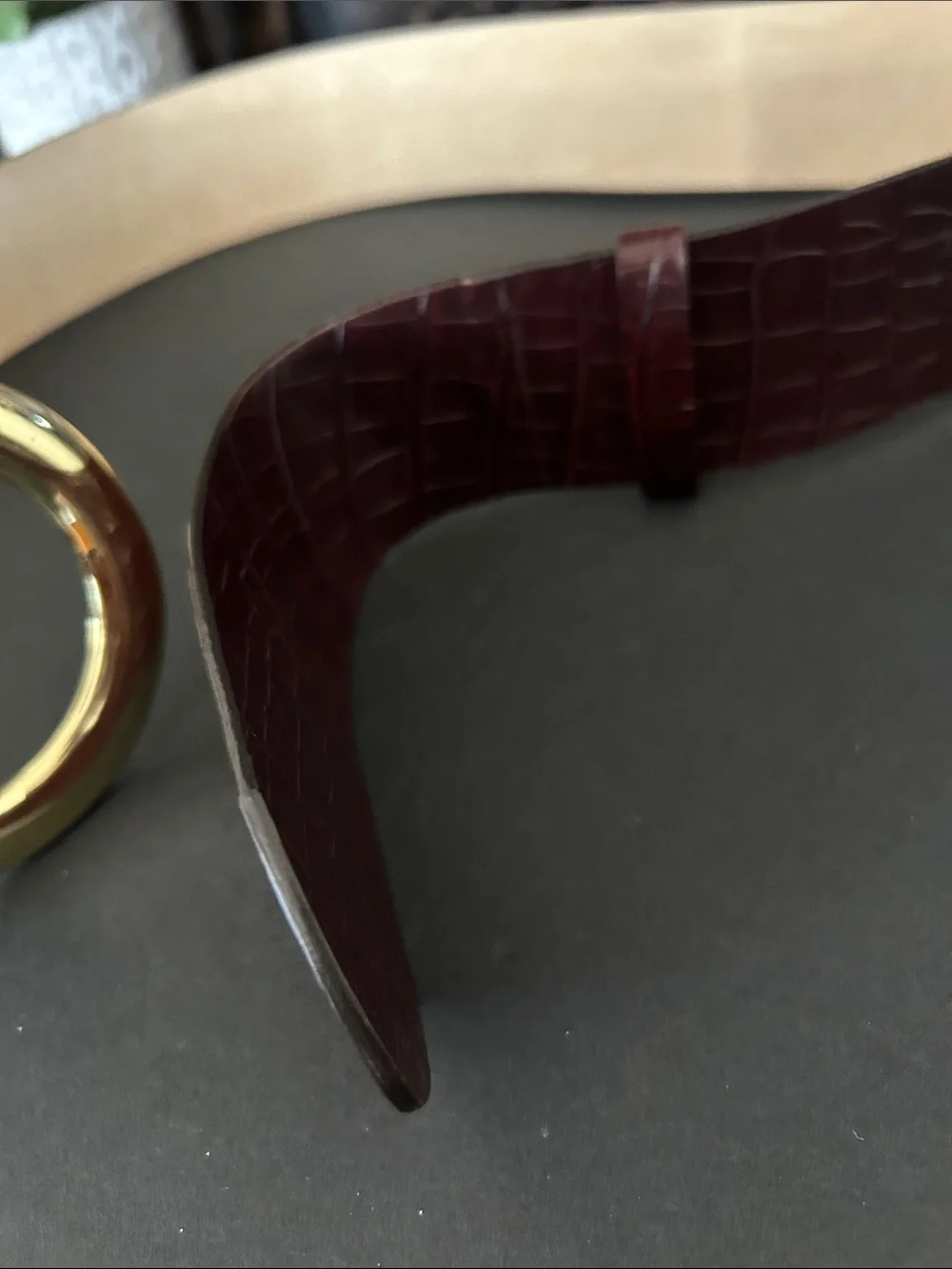 Wide Croc-Embossed Burgundy Stretch Belt with Gold Ring